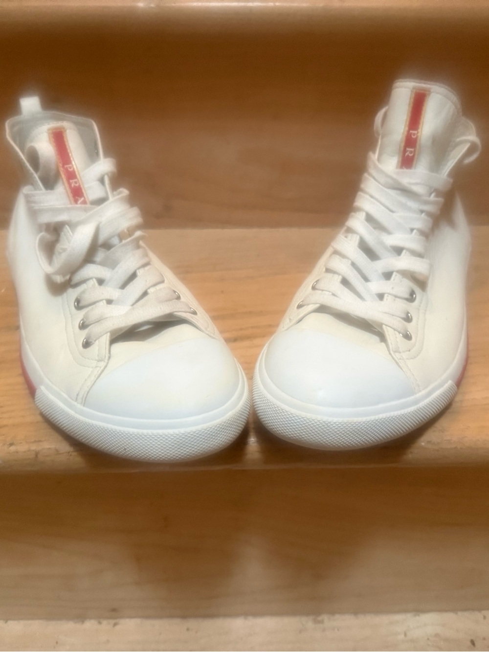Prada Men’s Linea Rossa Red Tab Leather Mid-top Sneakers (Off-white, 10US) - Picture 11 of 15